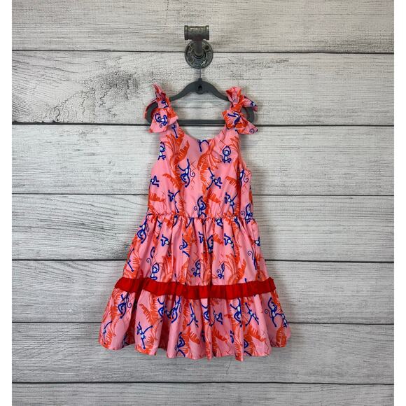 Peek Girl's Pink & Orange Monkey Printed Sleeveless Tiered Summer Dress Size 8